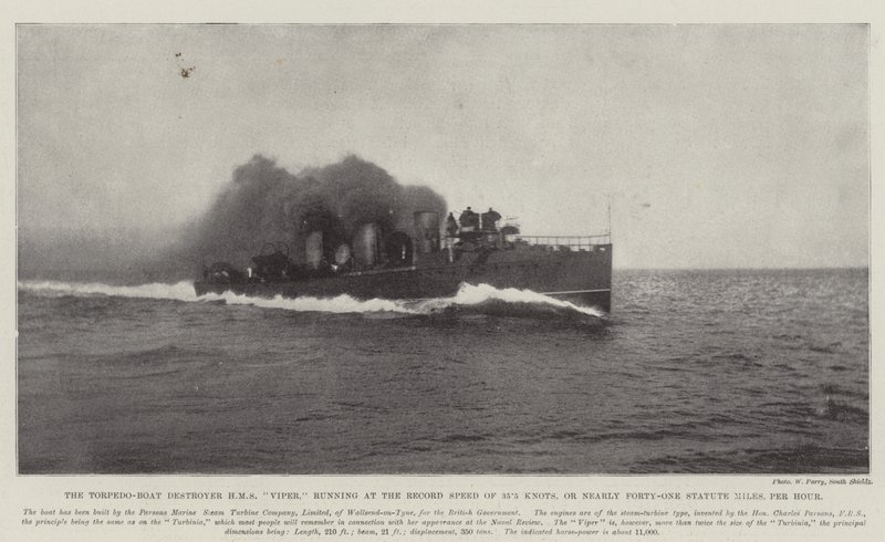 Torpedbåtsförstöraren HMS Viper, som körs med rekordfarten på 35,5 knop, eller nästan 41 mil per timme av English Photographer