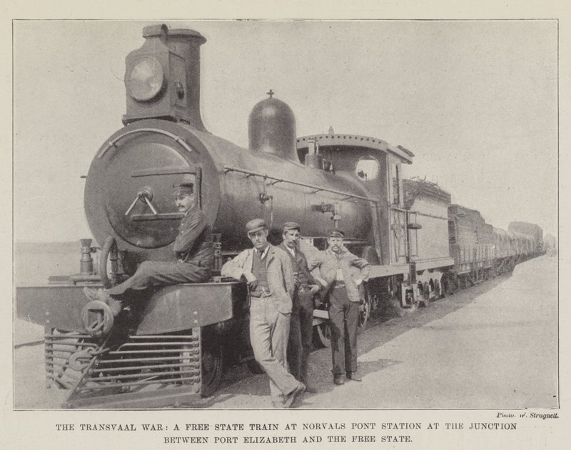 Transvaal War, ett fristatståg vid Norvals Pont Station vid korsningen mellan Port Elizabeth och Free State av English Photographer