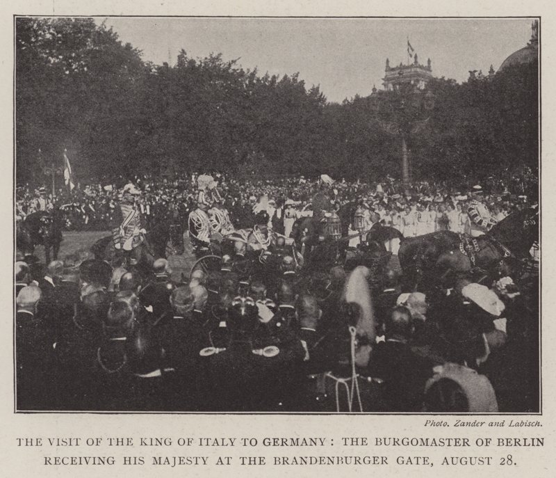 Kungen av Italiens besök i Tyskland, borgmästaren i Berlin tar emot Hans Majestät vid Brandenburger Tor, 28 augusti av English Photographer