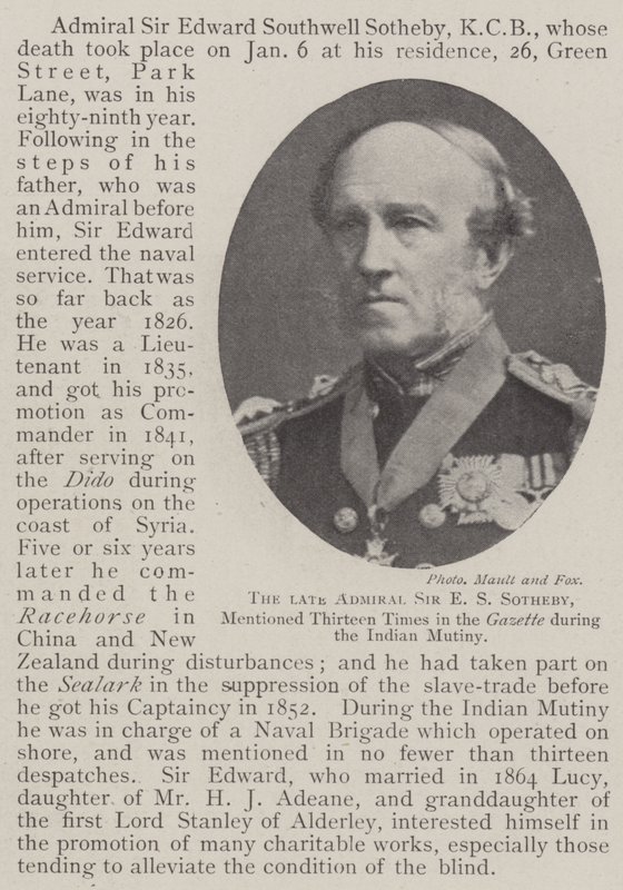 Den bortgångne amiralen Sir E S Sotheby, nämnde tretton gånger i Gazette under det indiska myteriet av English Photographer