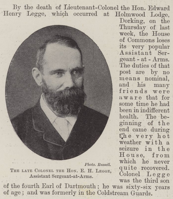 Den framlidne översten den ärade E H Legge, assisterande sergeant-at-arms av English Photographer