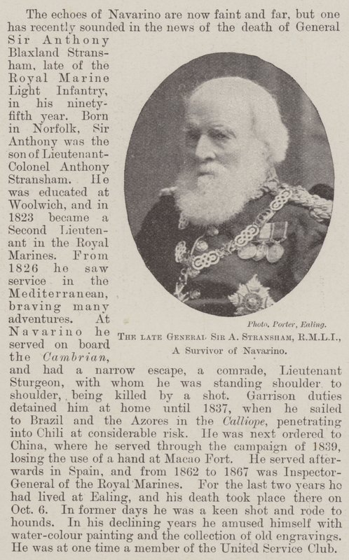 Den bortgångne generalen Sir A Stransham, RMLI, en överlevare från Navarino av English Photographer