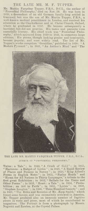 Den framlidne herr Martin Farquhar Tupper, FRS, DCL, författare till känd filosofi av English Photographer