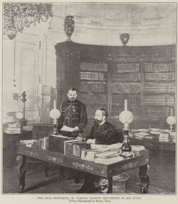 Den bortgångne presidenten, herr Carnot, undertecknar dokument i sin studie av English Photographer