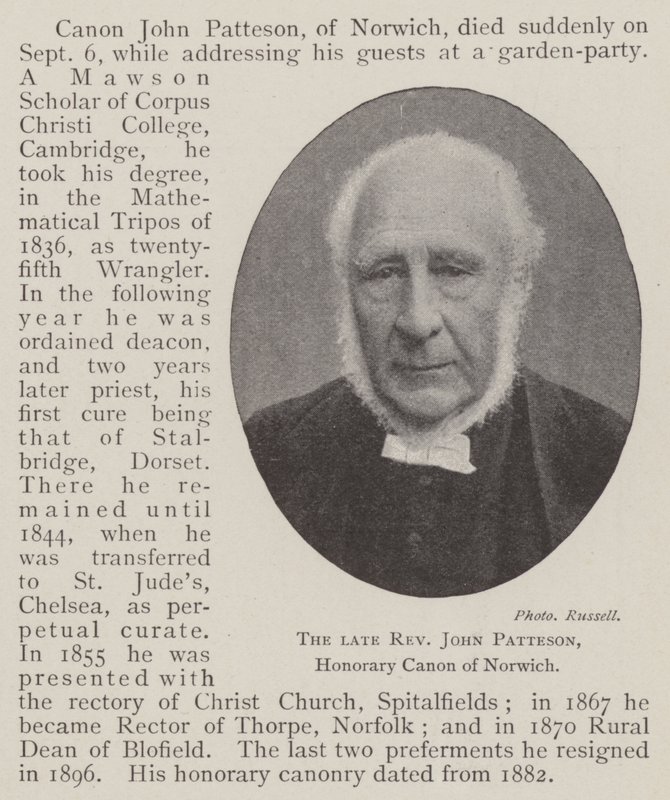 Avlidne pastor John Patteson, hederskanon av Norwich av English Photographer
