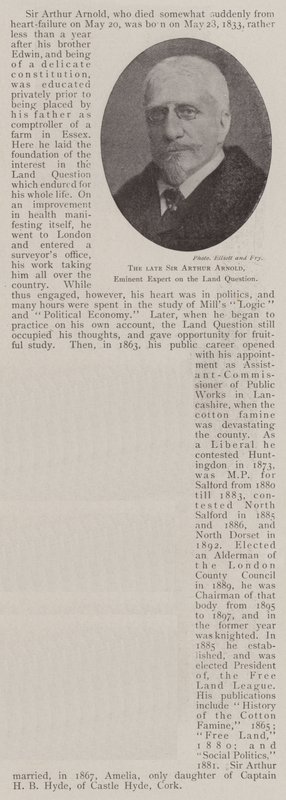 Den framlidne Sir Arthur Arnold, framstående expert i landfrågan av English Photographer