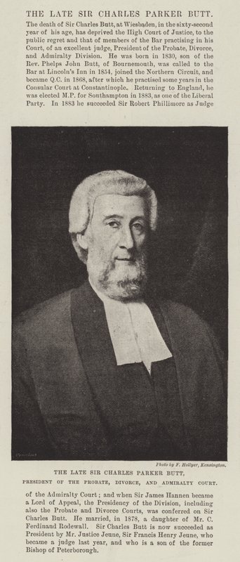 Den avlidne Sir Charles Parker Butt, ordförande för domstolen för bouppteckning, skilsmässa och amiralitet av English Photographer