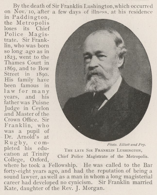 Den framlidne Sir Franklin Lushington, chefspolisdomare i Metropolis av English Photographer