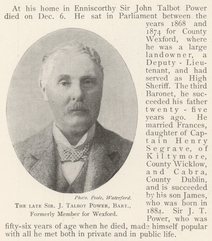 Den bortgångne Sir J Talbot Power, Baronet, tidigare medlem för Wexford av English Photographer
