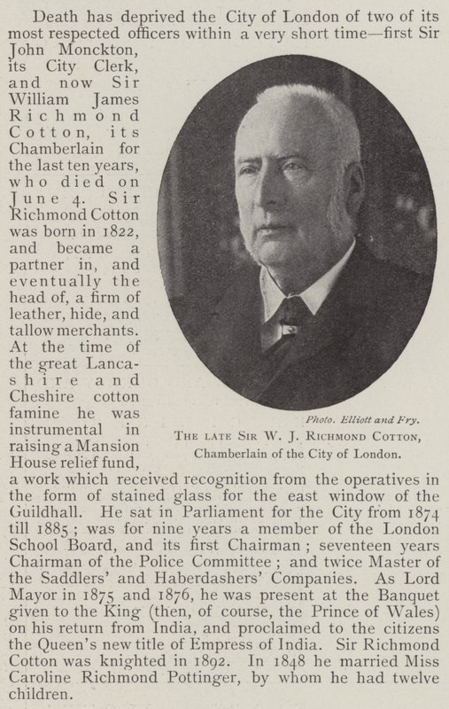 Den framlidne Sir W J Richmond Cotton, kammarherre i London City av English Photographer
