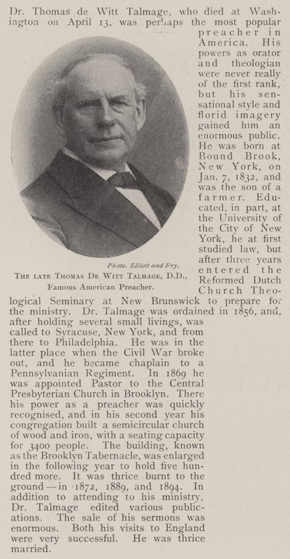 Den bortgångne Thomas de Witt Talmage, DD, berömd amerikansk predikant av English Photographer