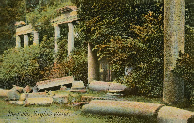 Ruinerna vid Virginia Water vid Windsor Great Park, England. Vykort skickat 1913. av English Photographer