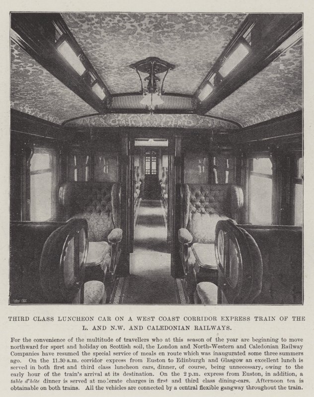 Tredje klass Lunchbil på ett West Coast Corridor Express-tåg på L och NW och Caledonian Railways av English Photographer