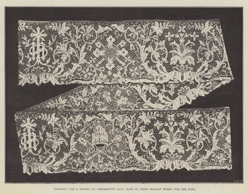 Trimning för en Rochet of Needlepoint Lace, gjord av irländska bondkvinnor för påven av English Photographer