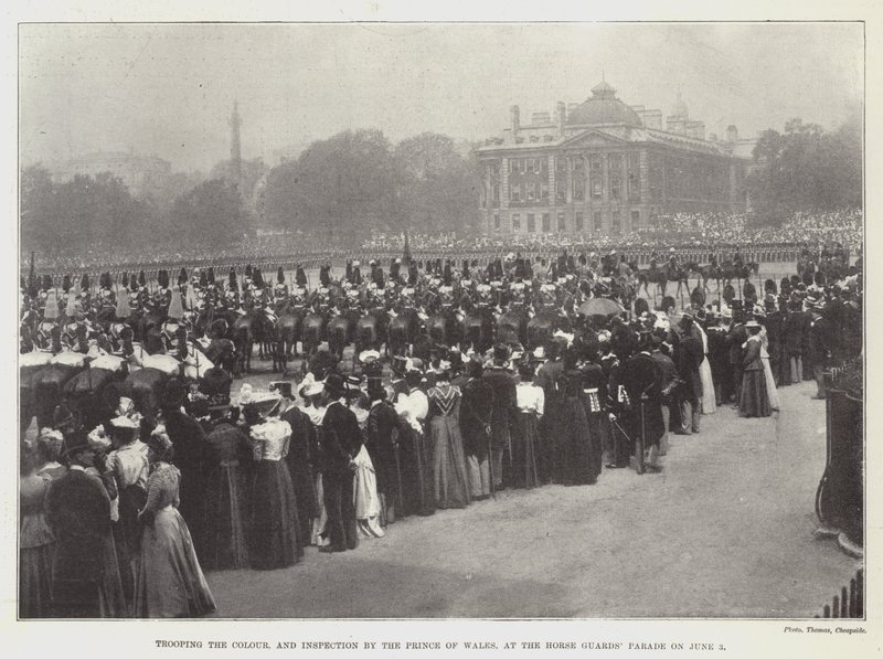 Trooping the Colour, och inspektion av Prince of Wales, vid Horse Guards Parade den 3 juni av English Photographer