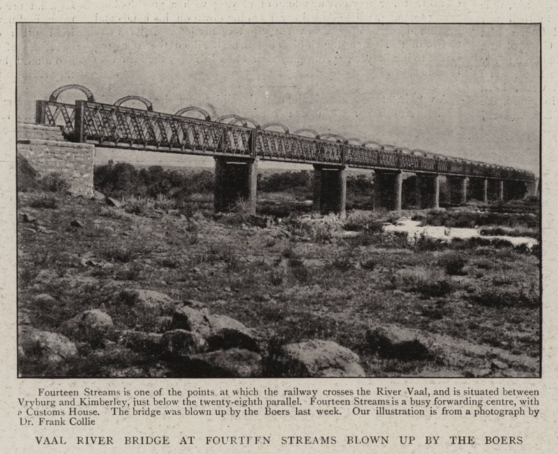 Vaal River Bridge vid fjorton strömmar sprängd av boerna av English Photographer