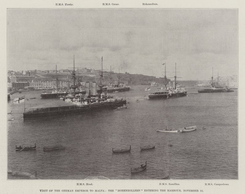 Besök av den tyske kejsaren på Malta, Hohenzollern in i hamnen, 15 november 1898 av English Photographer