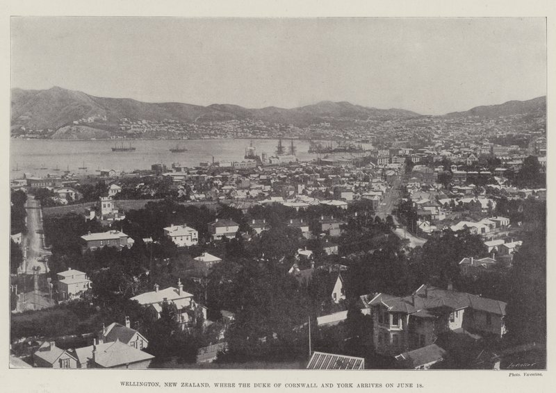 Wellington, Nya Zeeland, dit hertigen av Cornwall och York anländer den 18 juni av English Photographer