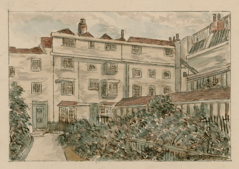13-15 Nevills Court, Fetter Lane, Holborn, från en skiss 1900 (wc på papper) av English School
