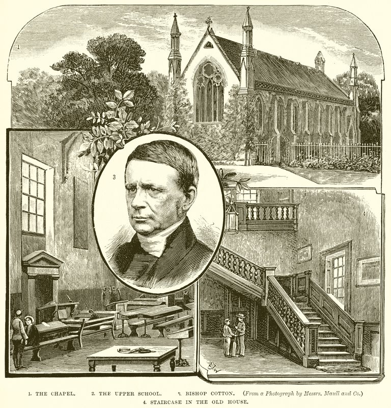 1. Kapellet. 2. Överskolan. 3. Biskop Cotton. 4. Trappa i Gamla huset av English School