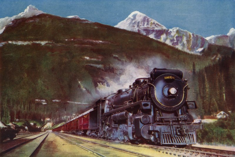 2-10-4 ånglok från Canadian Pacific Railway vid foten av Klippiga bergen, Kanada (färg litho) av English School