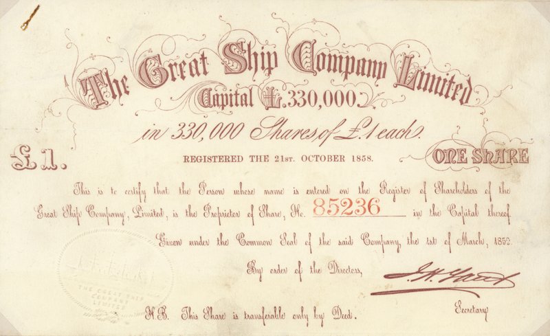 Ett aktiecertifikat på £1 utfärdat av The Great Ship Company Limited av English School