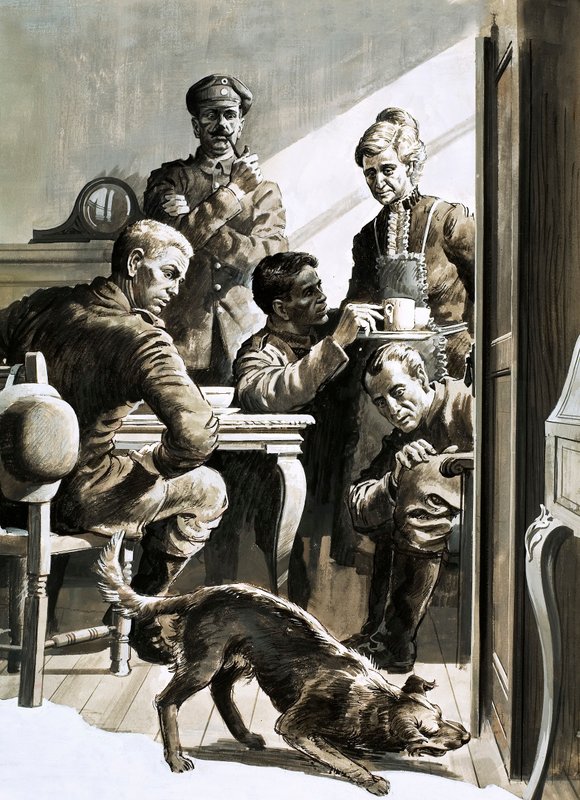 En brittisk soldat, Patrick Fowler, gömdes i en garderob i fyra år (gouache på papper) av English School