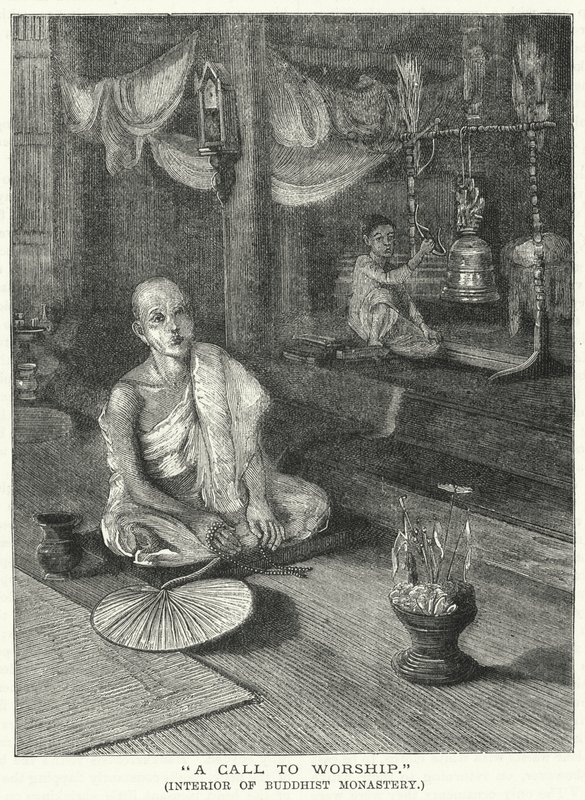 "A Call to Worship," Interiör av Buddhist Monastery (gravyr) av English School