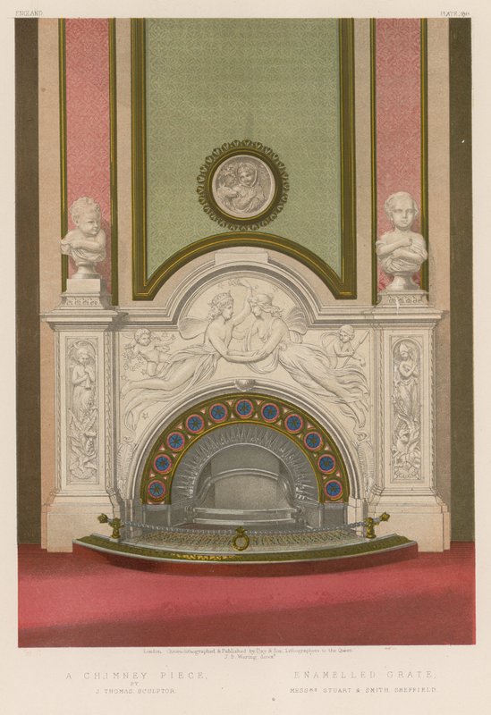 A Chimney Piece av J Thomas, skulptör; Emaljerat galler, herrarna Stuart och Smith Sheffield av English School