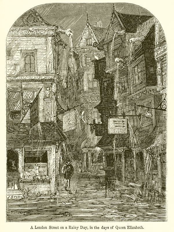 En London Street på en regnig dag, på drottning Elizabeths dagar av English School