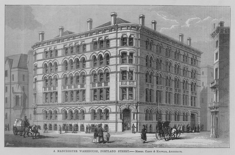 A Manchester Warehouse, Portland Street, Mrs Clegg och Knowles, Architects. Illustration för Byggaren av English School