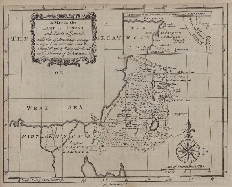 En karta över Kanaans land och angränsande delar, vid tiden för Abrahams ankomst för att vistas i landet, som visar de olika människor och platser som nämns i patriarkernas historia (gravyr) av English School