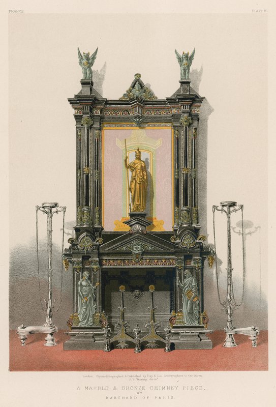 En skorstensbit i marmor och brons av Marchand från Paris (chromolitho) av English School
