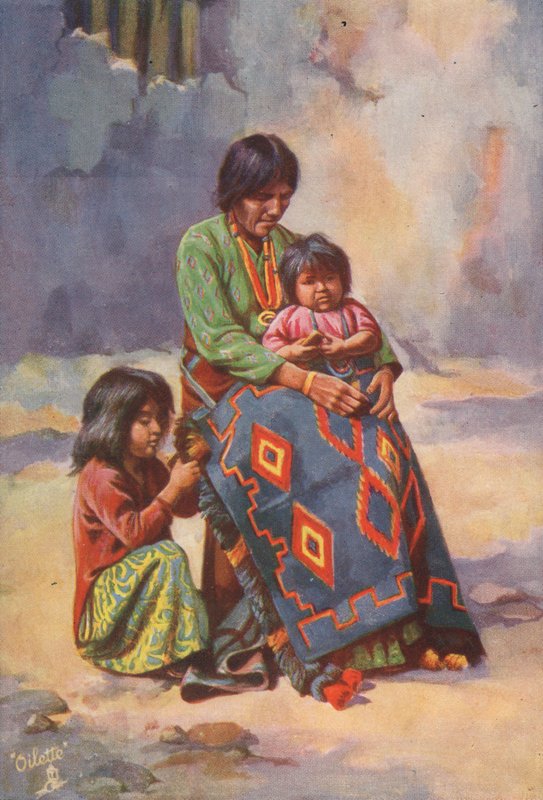 En squaw från Navajoindianerna och barn (färglitografi) av English School