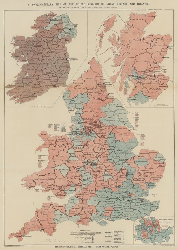 En parlamentarisk karta över Storbritannien och Irland (färg litho) av English School