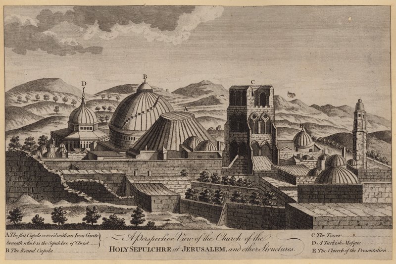 En perspektivvy av den heliga gravens kyrka i Jerusalem och andra strukturer (gravyr) av English School