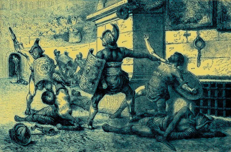 A Roman Holiday, strid med gladiatorer, illustration från The Illustrated History of the World, publicerad ca 1880 (digitalt förbättrad bild) av English School