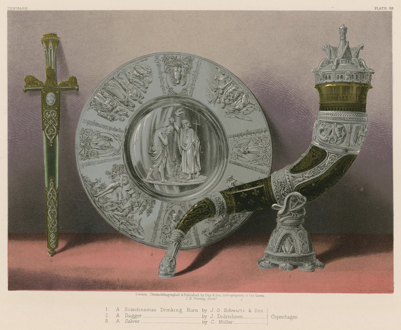 A Scandinavian Drinking Horn av J G Schwartz and Son, A Dagger av J Didrichsen, A Salver av C Möller, Köpenhamn av English School