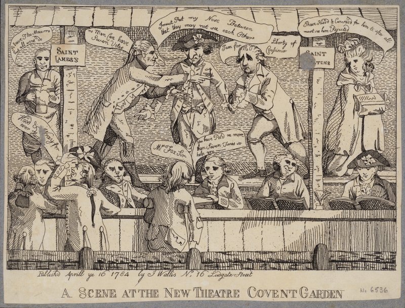 A Scene at the New Theatre, Covent Garden: satir som skildrar en politisk utfrågning i Covent Garden, London av English School