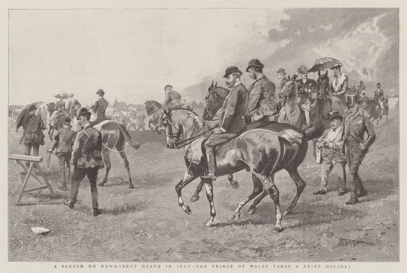 En skiss på Newmarket Heath i juli, prinsen av Wales tar en kort semester (gravyr) av English School