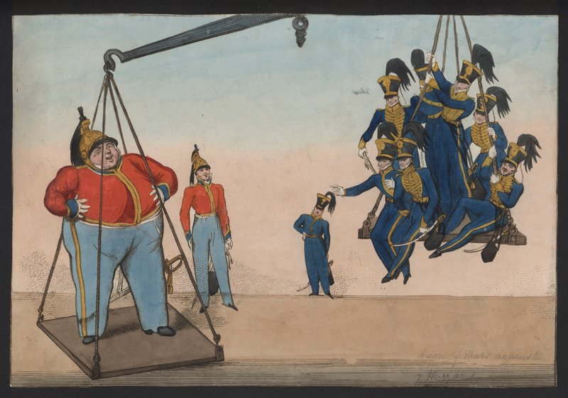 A Son of Mars against Seven Hussars (färgad gravyr) av English School