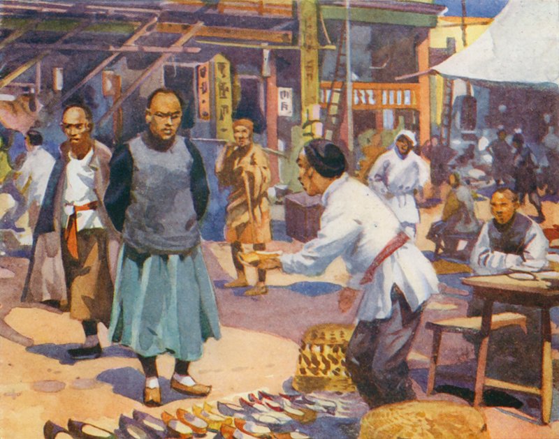 En gatuscen i Kina (färglitografi) av English School