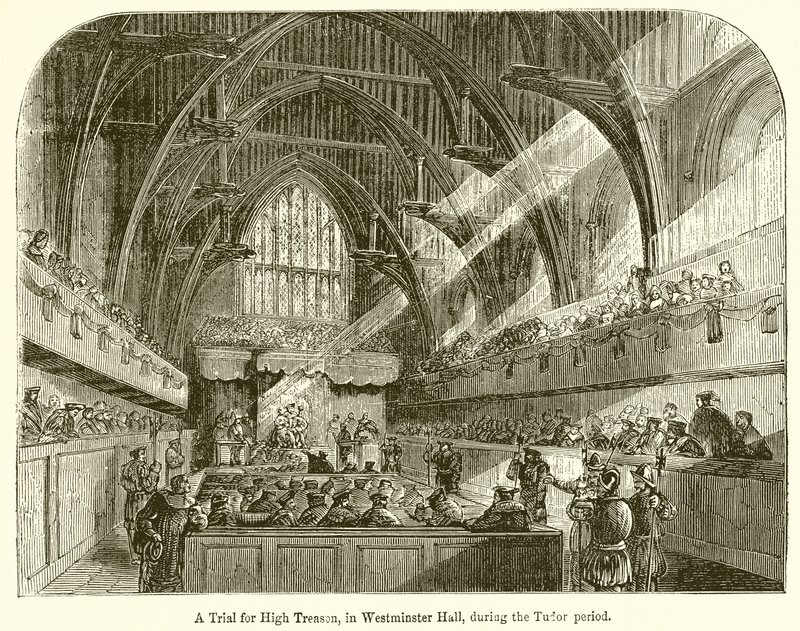En rättegång för högförräderi, i Westminster Hall, under Tudorperioden av English School