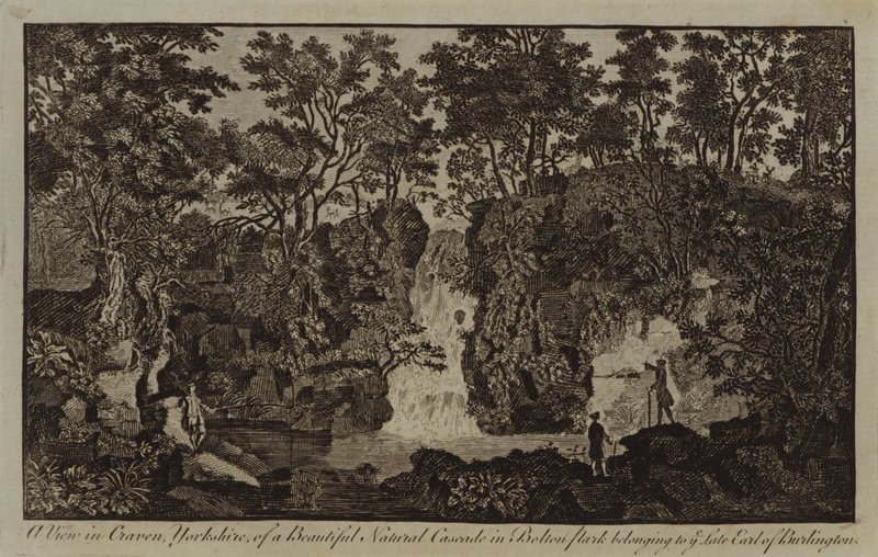 En vy i Craven, Yorkshire, av en vacker naturkaskad i Bolton Park som tillhör er sen Earl of Burlington (gravyr) av English School
