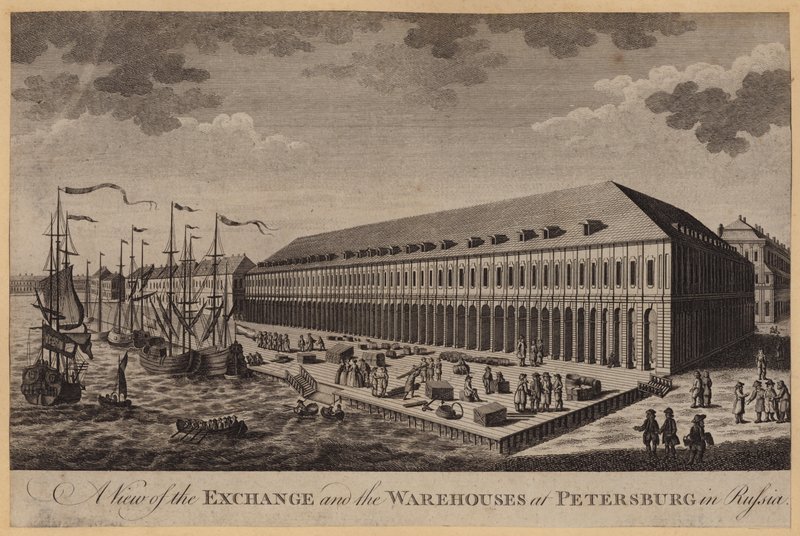 En vy över börsen och lagren i Petersburg i Ryssland (gravyr) av English School