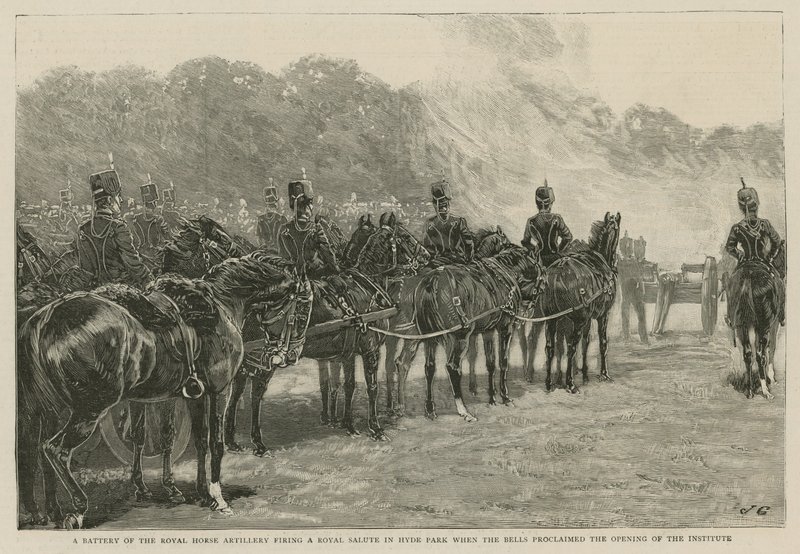 Ett batteri av Royal Horse Artillery avlossade en kunglig salut i Hyde Park när klockorna proklamerade invigningen av Imperial Institute av English School