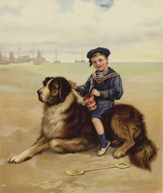 En pojke som sitter på sin hund på stranden av English School