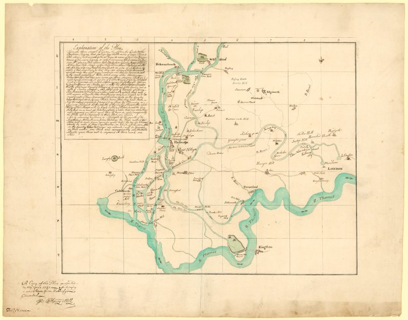 En kopia av planen som planerades år 1721 för att föra en ny flod från Uxbridge, korrigerad, 6 februari 1766 av English School