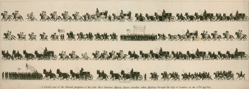 En korrekt bild av begravningsprocessionen av hennes bortgångne Allra nådigaste Majestät Drottning Caroline när hon passerade London City den 14 augusti 1821 av English School