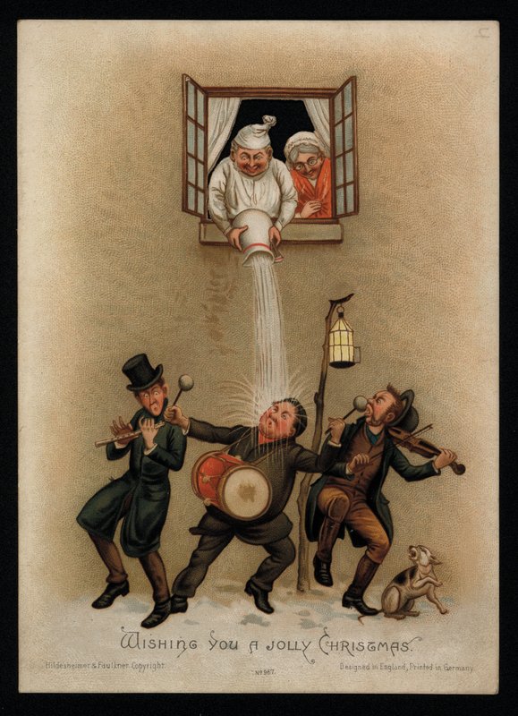 Ett par som protesterar mot carol-sångare utanför deras fönster, julhälsningskort (chromolitho) av English School